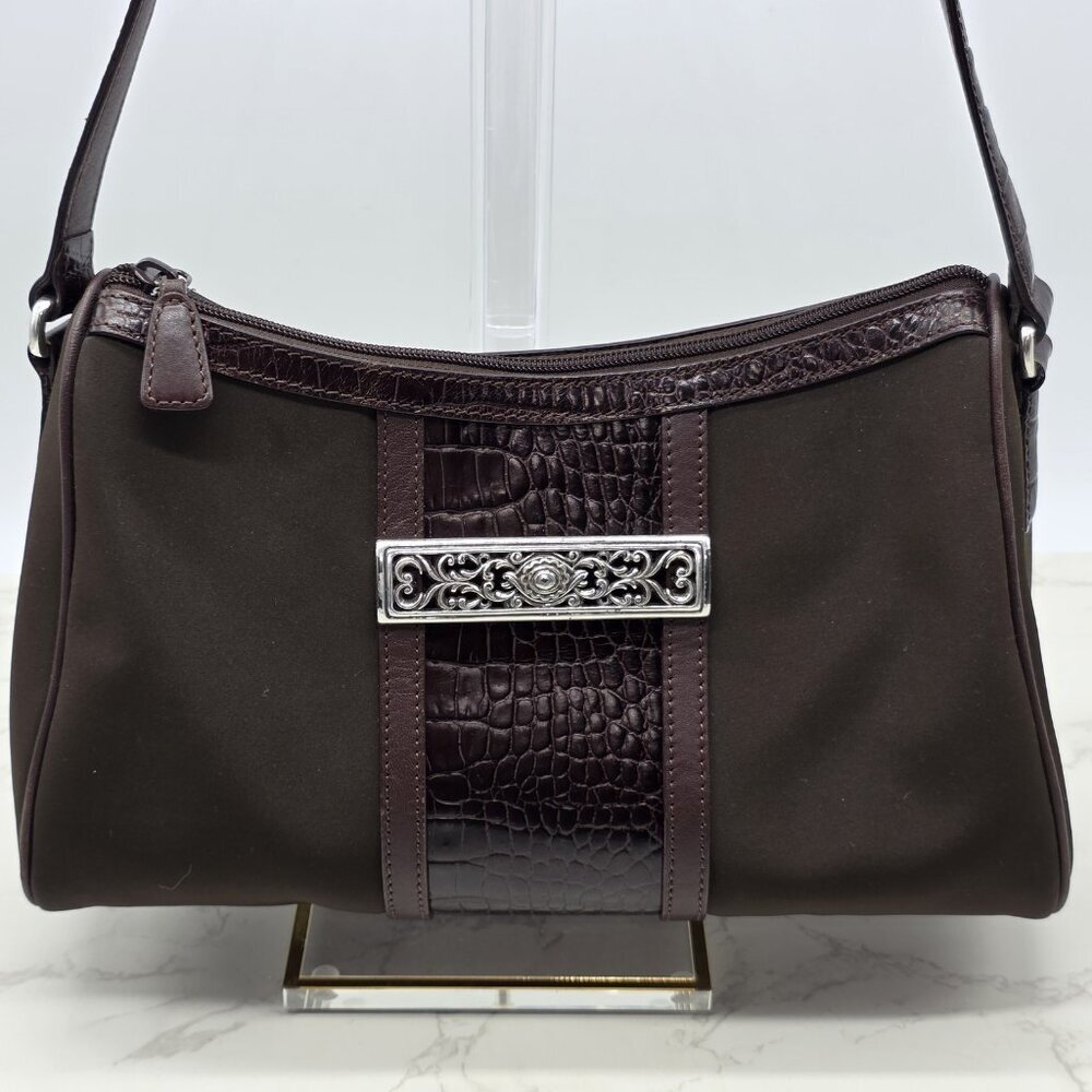 Brighton Shoulder Bag Brown Crocodile Nylon Embossed Leather Trim Purse Zip - Picture 2 of 12